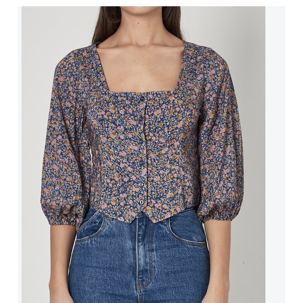 Rollas Roxanne Coast Floral Blouse Blue Multi Square Neck Blouson Sleeve Top S